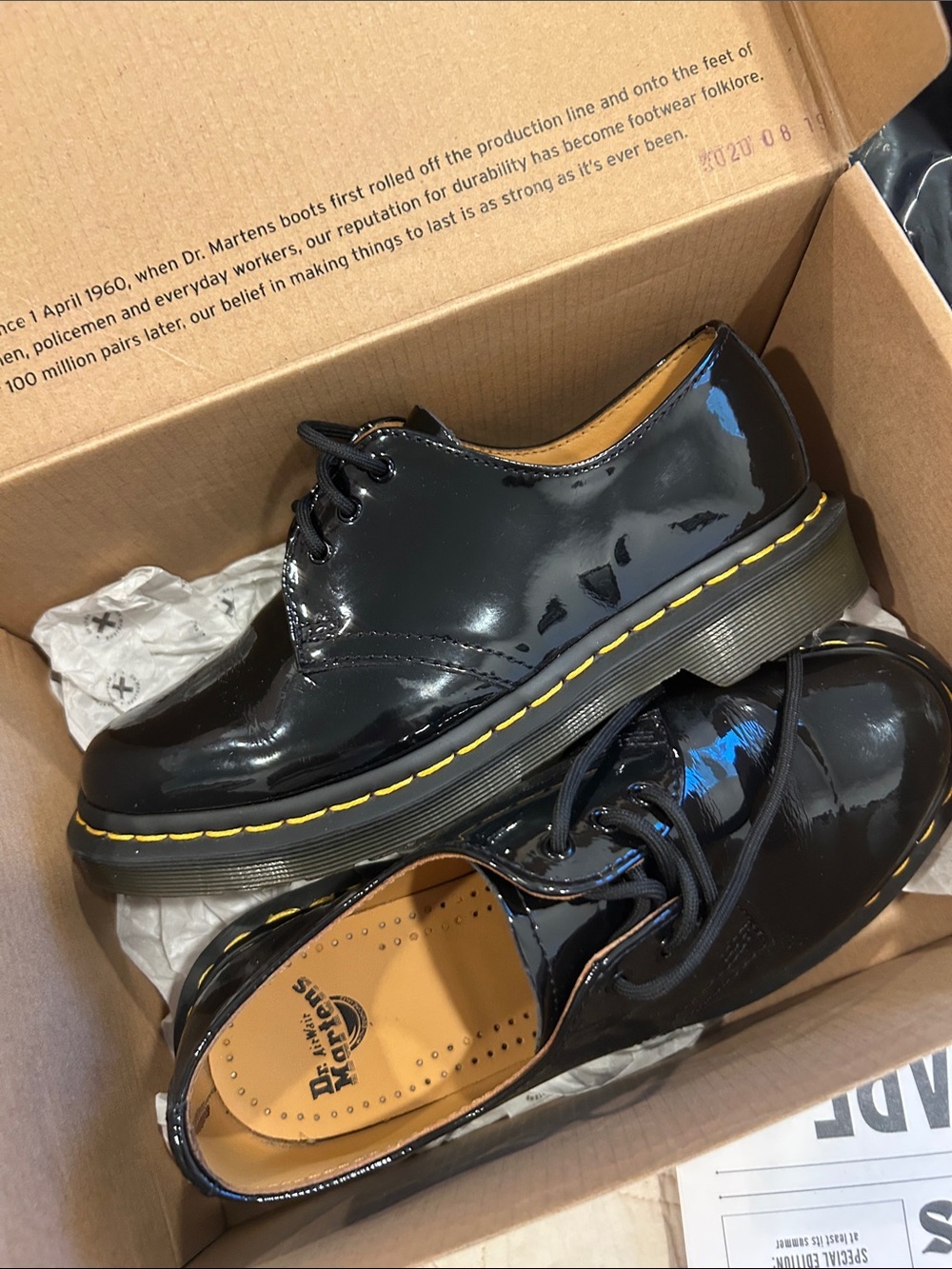 Dr. Martens Black Patent Leather 3-Eye Oxford with Yellow Stitching